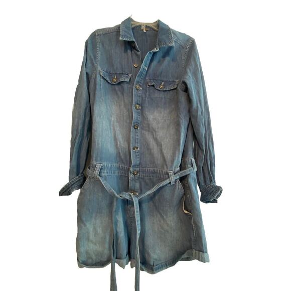 Free People Denim Long Sleeve Romper Jumpsuit Sz M Medium Wash Pockets Waist Tie